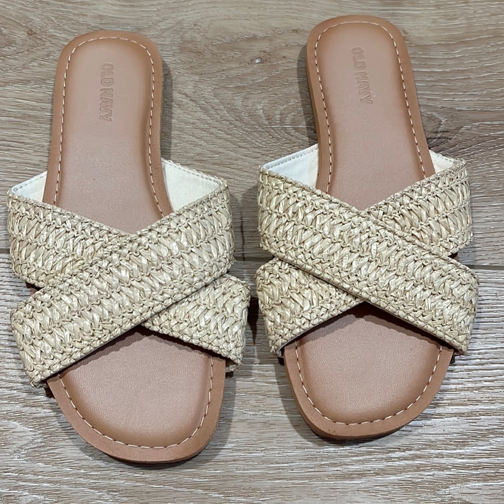 Old Navy Raffia Crisscross Slide Sandals Natural Woven Women’s Size 7
